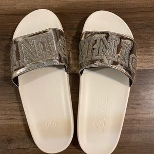 PINK white glitter slides Medium